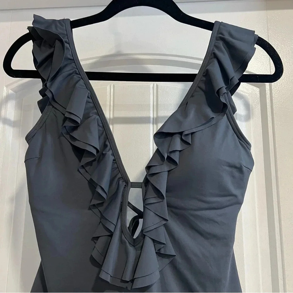 MICHAEL Michael Kors Slate Gray Ruffled Scoop-Back One-Piece Swimsuit. Size 8. - Picture 6 of 16